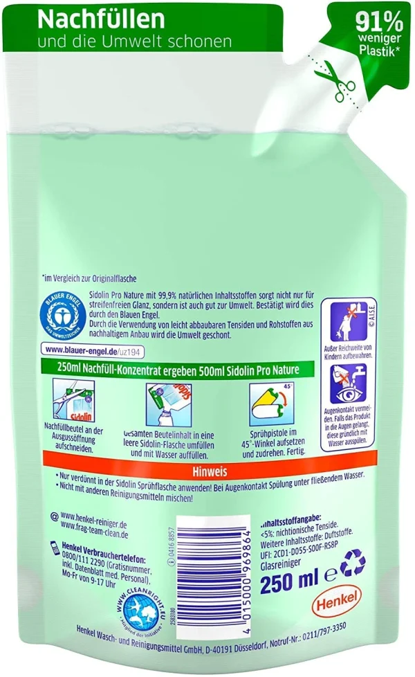 Null Sidolin Pro Nature PH-neutraler Glasreiniger Reinigung 250 Ml Nachfüllpack 5