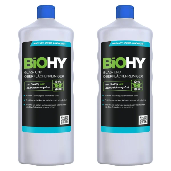 Null BiOHY Glas- Und Oberflächenreiniger (2x1l Flasche) | Konzentrat | Universalreiniger | Intensiv & Nachhaltig Reinigender Automatenreiniger 1
